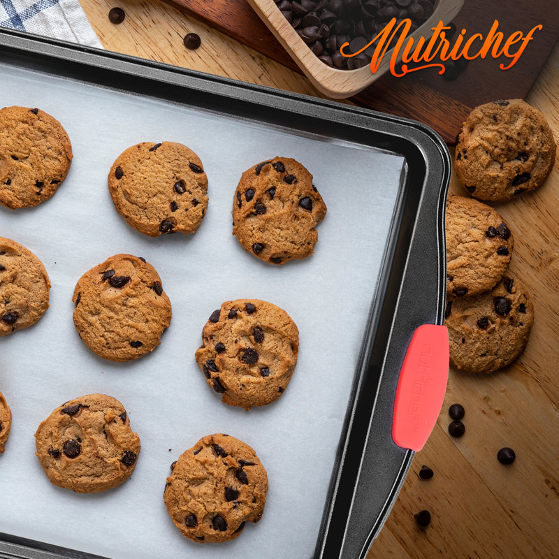 Large Black Nonstick Carbon Steel Cookie Sheet with Red Silicone Handles