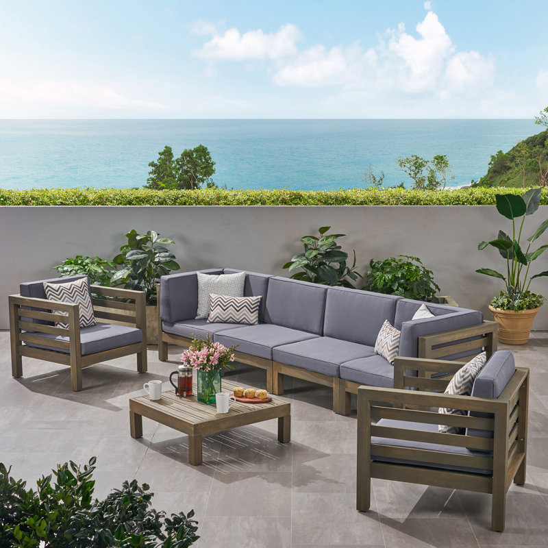 Maher Acacia 6 - Person Patio Conversation Set with Cushions, Gray Frame / Dark Gray Cushion