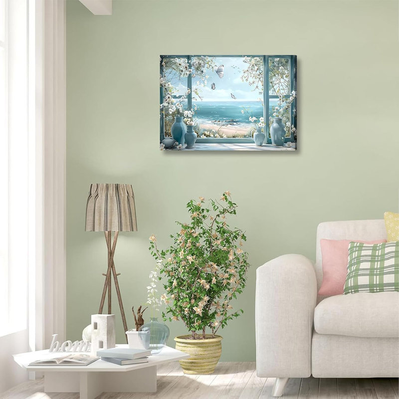 Window Beach Canvas Wall Art Coastal Wall Decor Picture White Flowers And Butterflies Painting Artwork Horizontal Nature Landscape Seaside Summer Print For Living Room Home Decoration 16X24in