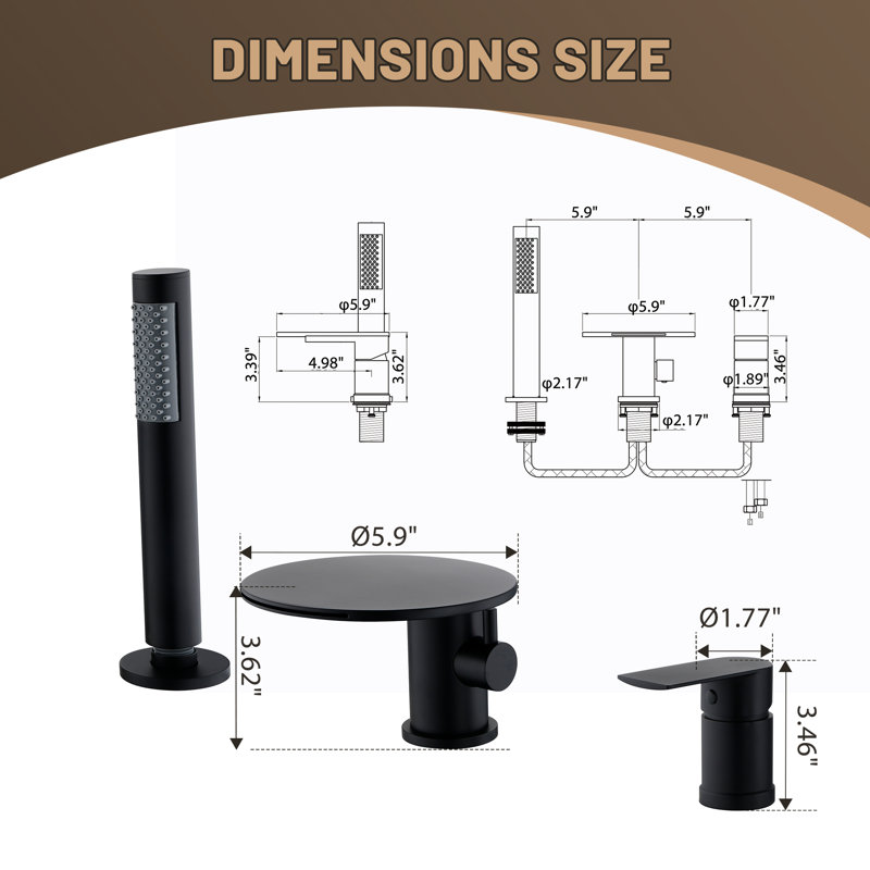 Three Holes Deck Mounted Bathroom Bathtub Faucet, Roman Waterfall Tub Filler with Hand Shower, Matte Black