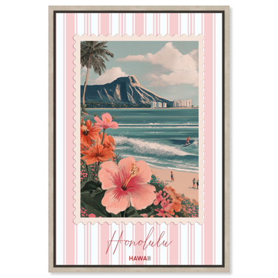 Honolulu Travel Stamp Framed Canvas Print Vintage Poster Art by Art Remedy, Natural Oak Frame, 30 x 45