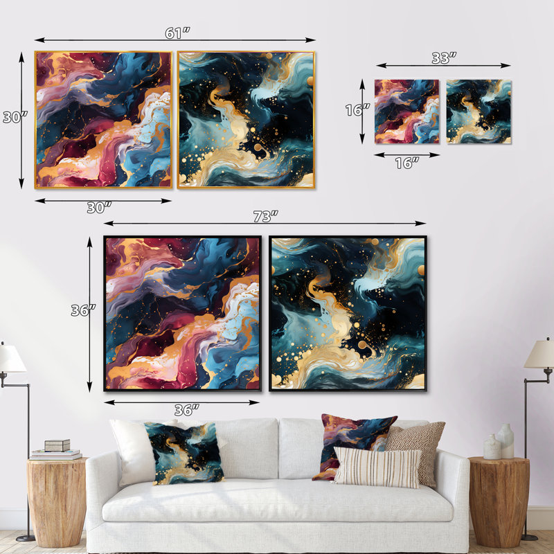 Gold Dreams Galactic Marble Dreams - Ensemble de 2 collages abstraits carrés, Cadre flottant noir, H 36 po x l 73 po