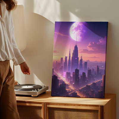 Futuristic Cityscape Canvasglowing Skyscrapers Under A Purple Planet Canvas Wall Art Ready To Hang Gallery Wrapped Home Decor Modern Design