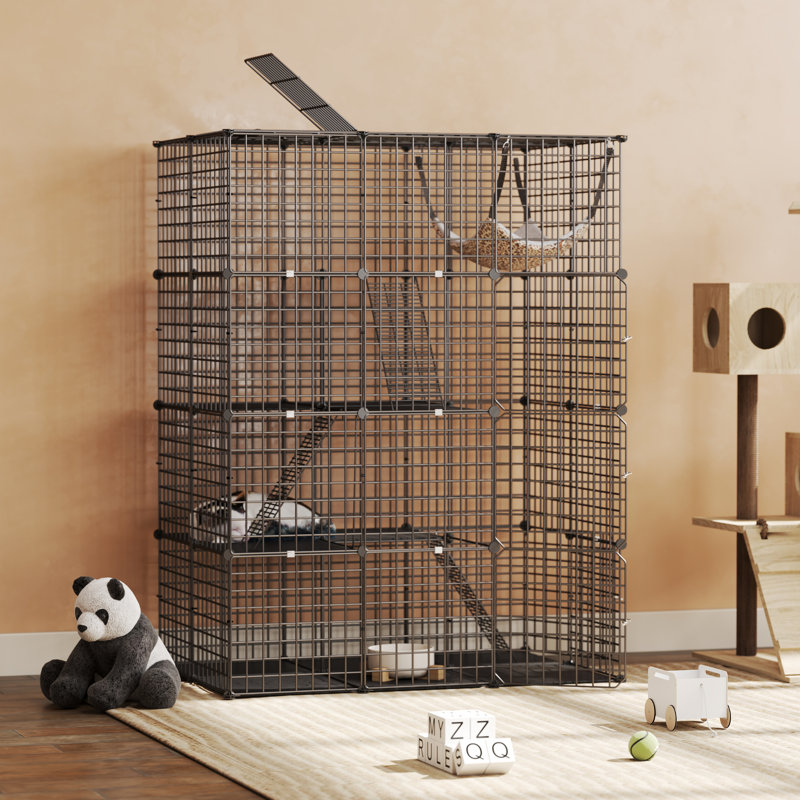 Cage intérieure / extérieure en métal pour chat avec hamac 4 couches, Noir