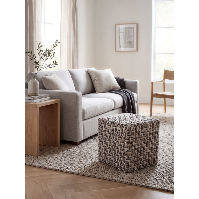 Etha Bailey 18" Square Woven Pouf Ottoman, Cream & Charcoal
