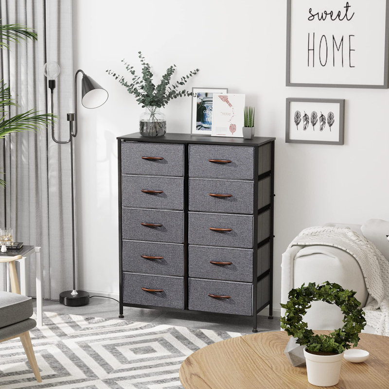 Commode 10 tiroirs Keayla, Gris / noir