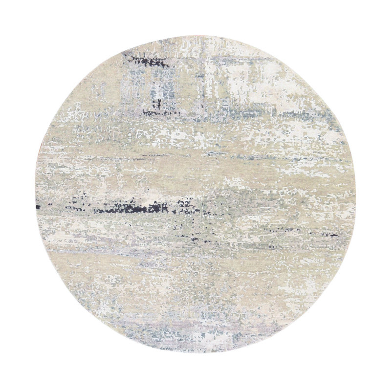 Tapis oriental rond, gris, beige et gris, 6 pi x 6 pi, motif abstrait moderne, laine et soie