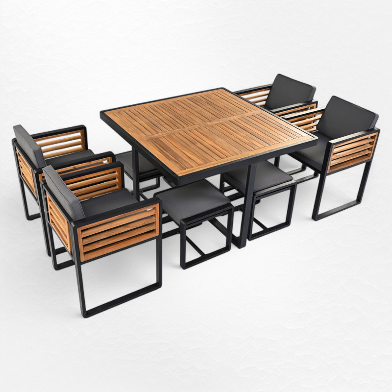 Phillip Patio Acacia Wood Dining Set with Cushions & Ottomans, Gray, 8