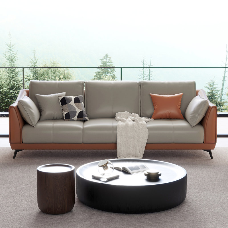84" Elegant Faux Leather Sofa with Gray Cushions & Brown Frame,Modern Living Room Couch(3-Seat), 3