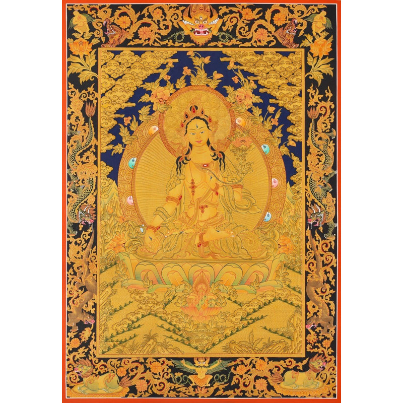 Bénédiction blanche Tara Thangka (Thangka sans brocart) | Or 24 carats avec acrylique sur toile