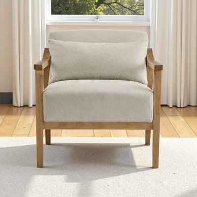 Mid-Century Modern Accent Chair with Sculpted Wood Arms & Plush Lumbar Pillow – Timeless Comfort for Your Living Space