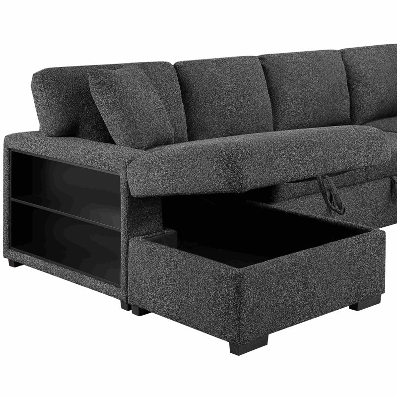 Canapé modulaire avec méridienne avec rangement et canapé-lit, Polyester gris foncé