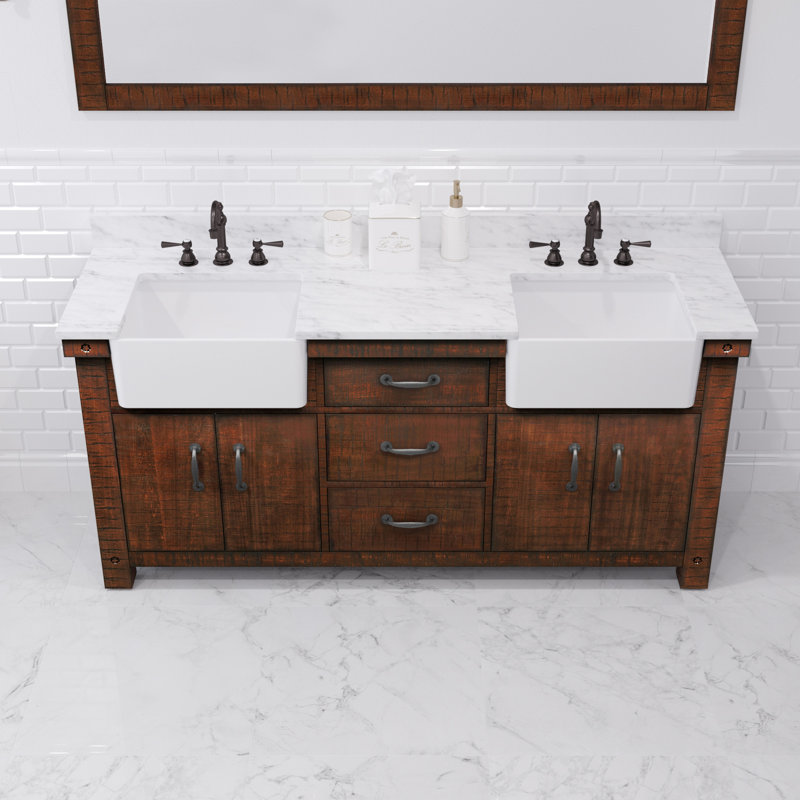 Paisley 72 In. Double Sink Carrara White Marble Countertop Vanity In Rustic Sienna With Mirror