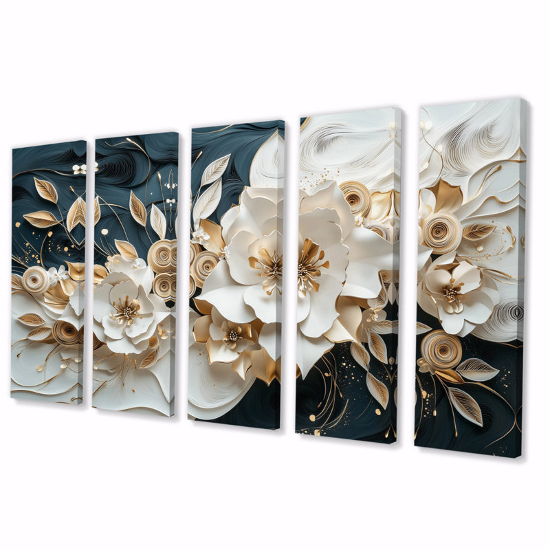 Ensemble de salon art mural pivoines blanches et noires à encre liquide I, H 32 po x l 80 po