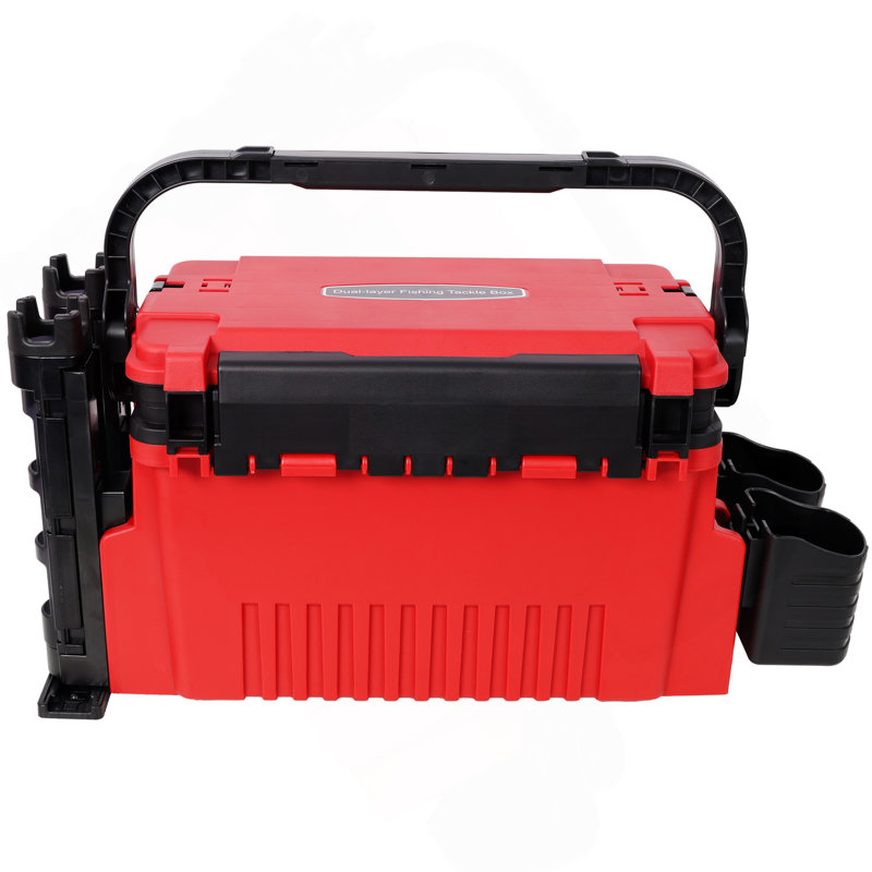 Dual-Layer Fishing Tackle Box,Tackle Box Organizer Fishing Box Large,With 2Pcs Rod Holder,2Pcs Cup Holder,1Pc Carring Strap,Red