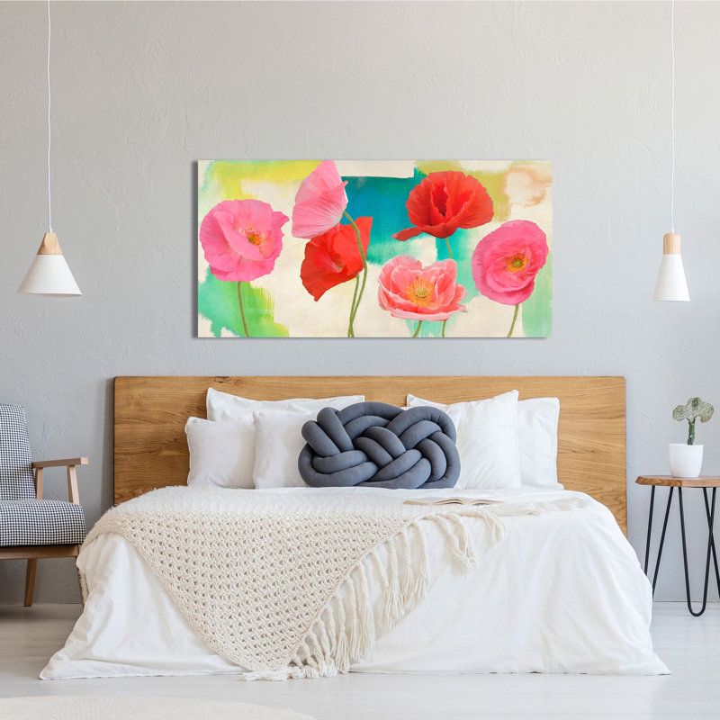 Poppies On Coloured Abstract Background by Teo Rizzardi - Wrapped Canvas Painting, 60cm H x 120cm W x 4cm D
