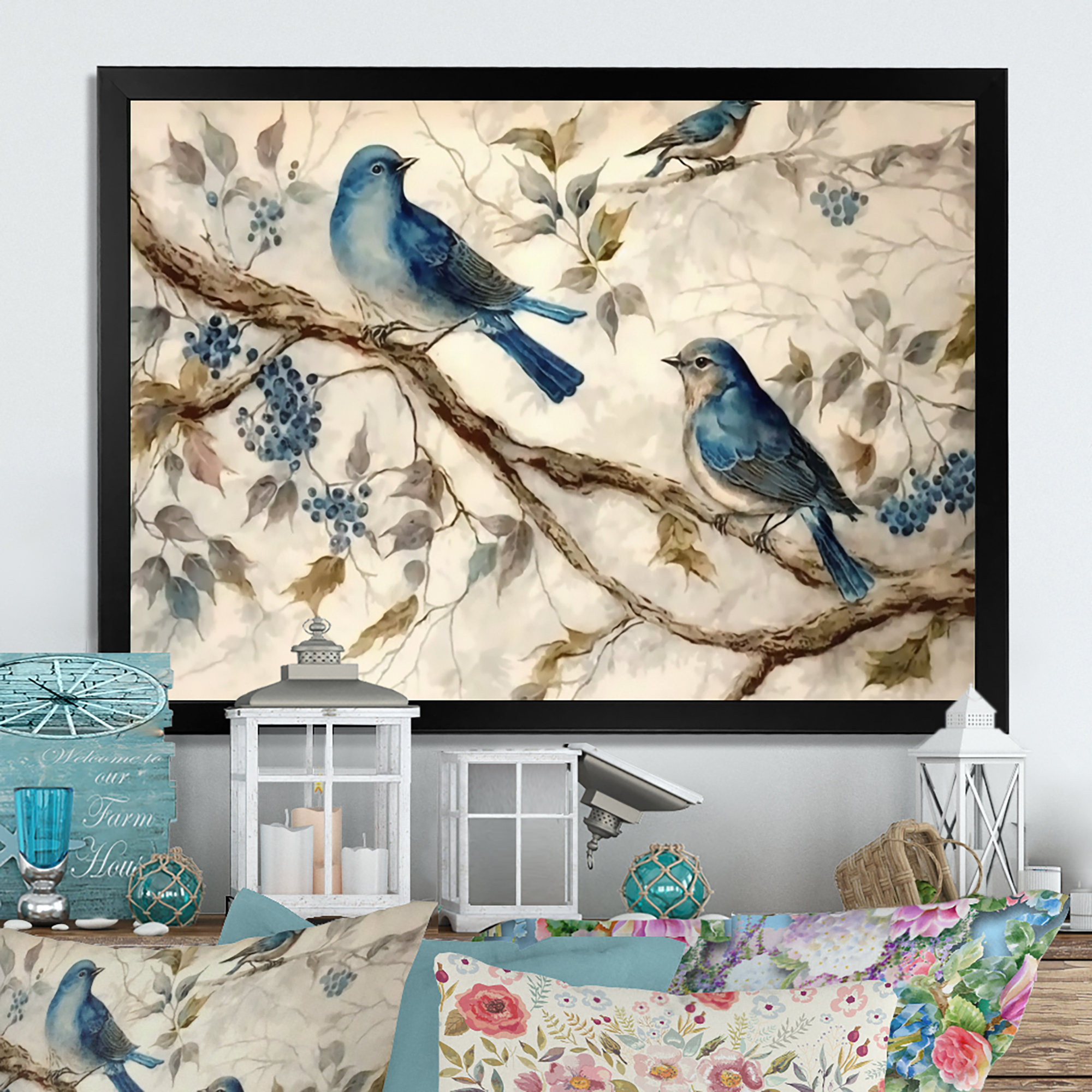 Red Barrel Studio Two Blue Birds Sitting on a Branch Vintage Watercolor ...