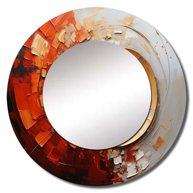 Energetic Spiralscape I - Abstract Spirals Decorative Wall Mirror, Orange Round Mirror, Printed Metal Art, 23" x 23"