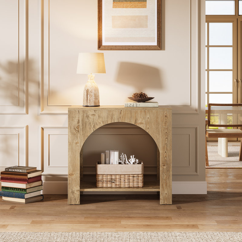 Farmhouse End Table With Storage Shelf For Living Room, Light Brown Oak, 1