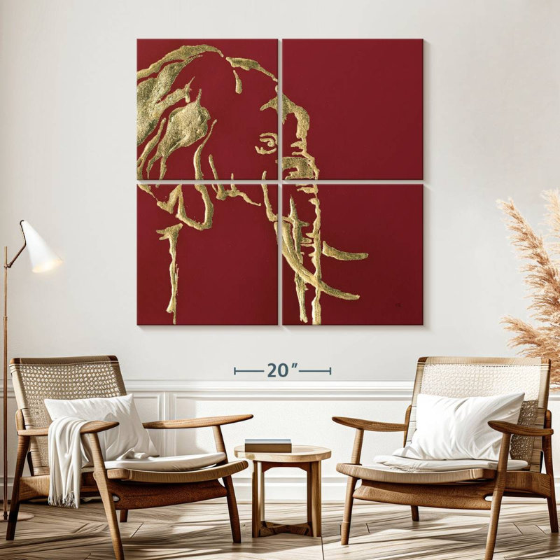 Éléphant doré Brampt sur fond rouge, H 57 po x l 57 po