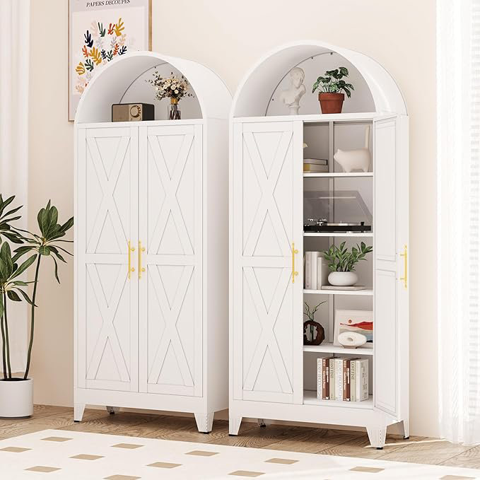 Armoire de rangement 73 po de style campagnard moderne en métal avec 4 tablettes réglables, polyvalente pour la cuisine, la salle à manger et la salle de bain