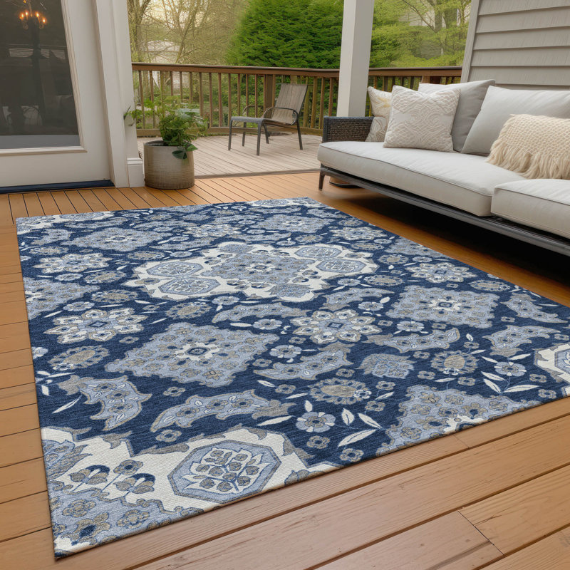 Tapis bleu intérieur / extérieur lavable à la machine Xhevrie, Rectangle 10 pi x 14 pi
