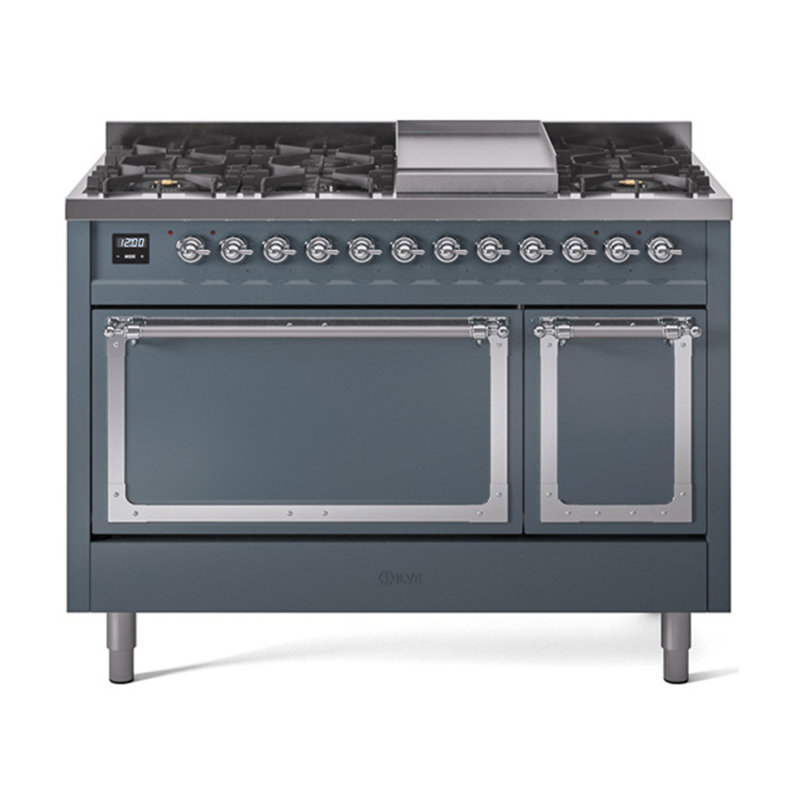 ILVE Nostalgie II Noblesse 48 po à double combustible, 8 brûleurs, plaque chauffante, Propane liquide, Gris-bleu / chrome