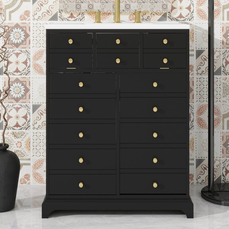 Armoire de rangement de salle de bain de style rétro de 24 pouces, comprenant un lavabo en céramique, 2 portes à fermeture silencieuse et un tiroir basculant