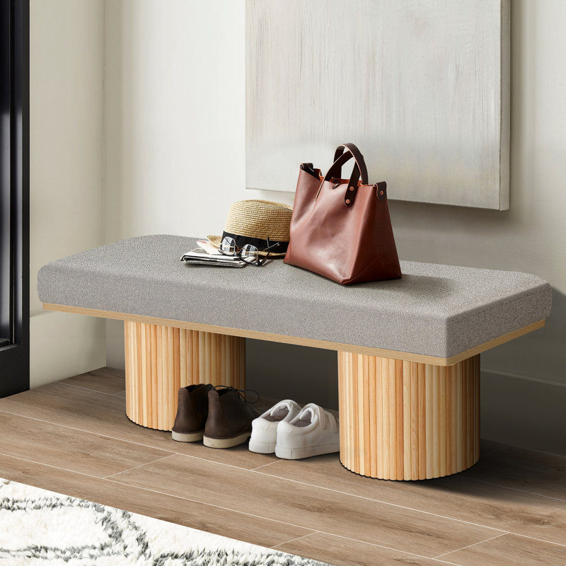 Banc rembourré en tissu bouclé gris - Pieds robustes pour chambre ou salon moderne - Charge maximale de 118 kg (260 lb)