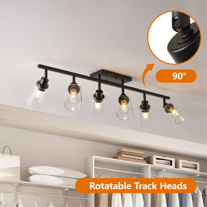 Ensemble d'éclairage sur rail à 6 spots noirs, appliques murales pour salle de bain, plafonniers de cuisine, spots orientables avec abat-jour en verre transparent pour cuisine, magasin ou couloir.