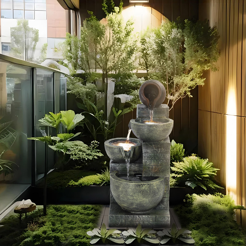 23.6" 4-Tiers Outdoor Garden Water Fountain, Cascading Bowls and Stacked Stones Outdoor Water Fountain, Outside Patio Water Features Fountain with LED Light, without Atomizer