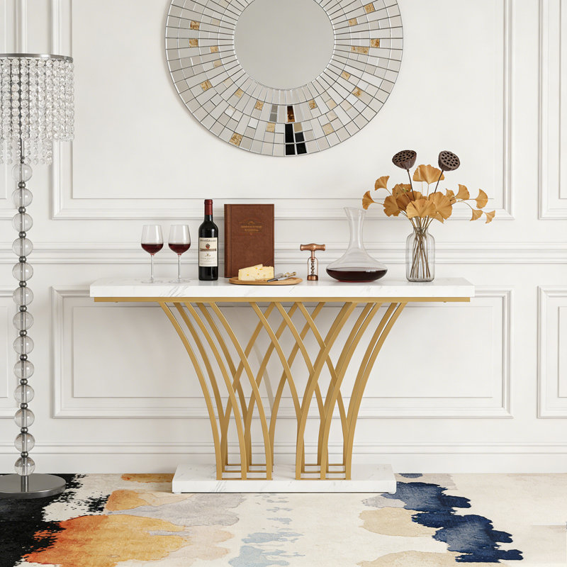 Faux Marble Console Table with Geometric Metal Base