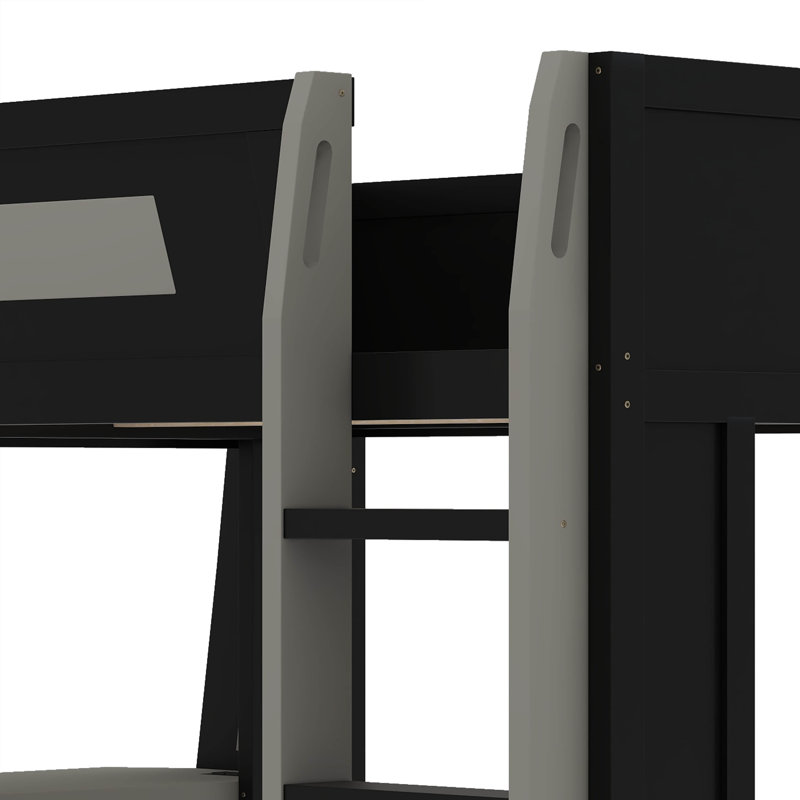 Lit superposé en bois avec bureau, deux tablettes de rangement, USB et lumière DEL, Queen, Noir/gris