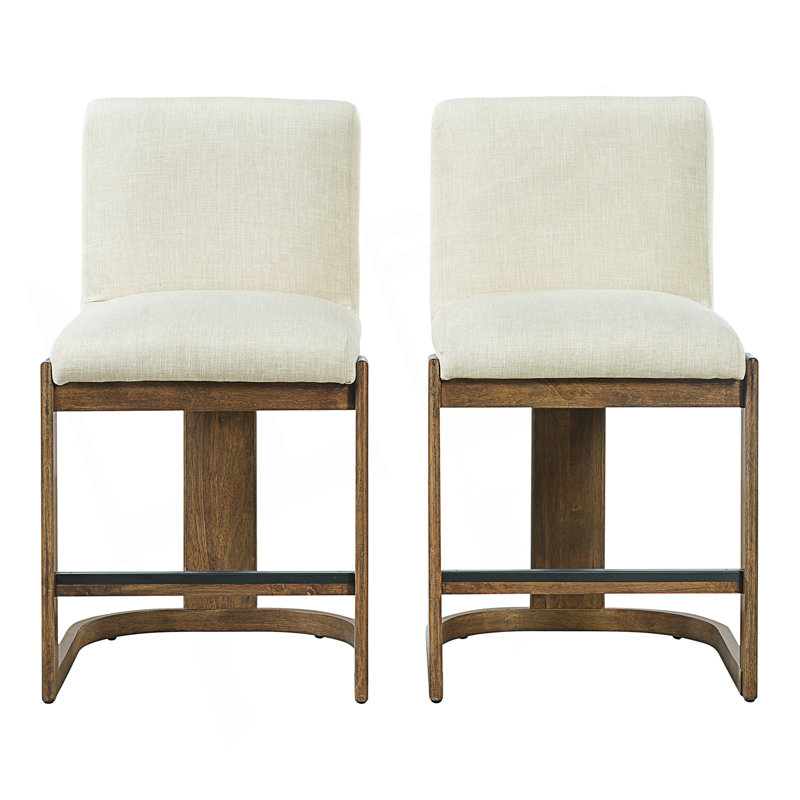 Set of 2 Modern Bar Stools, Counter Height Barstools, Upholstered Kitchen Island Chair, Beige / noyer