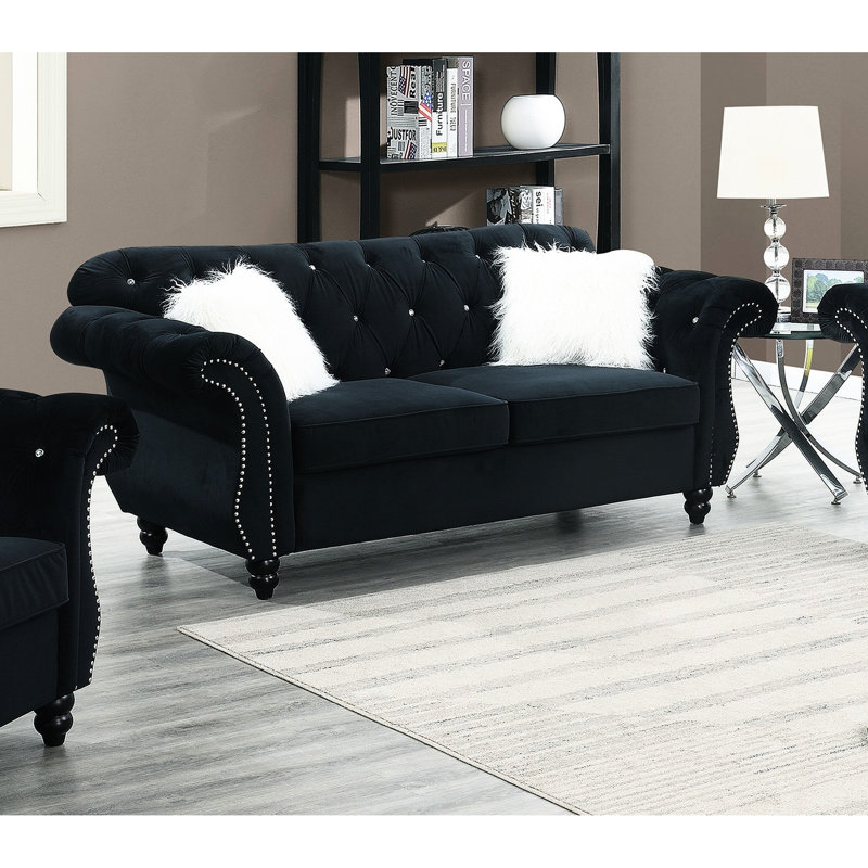 Velours noir de luxe 3 po avec dossier et capitonnage en cristal pour le design classique de la maison 3 pièces avec siège, garniture argentée, espace de vie principal