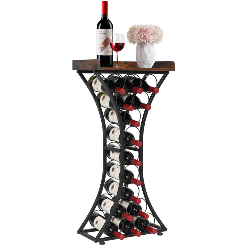 15 Bottle Wine Rack, Freestanding Floor Wine Holder Stand Liquor Cabinet with Wood Tabletop, Easy Assembly Floor Storage Rack, For Home Bar Kitchen Living Room Dining Room, Black