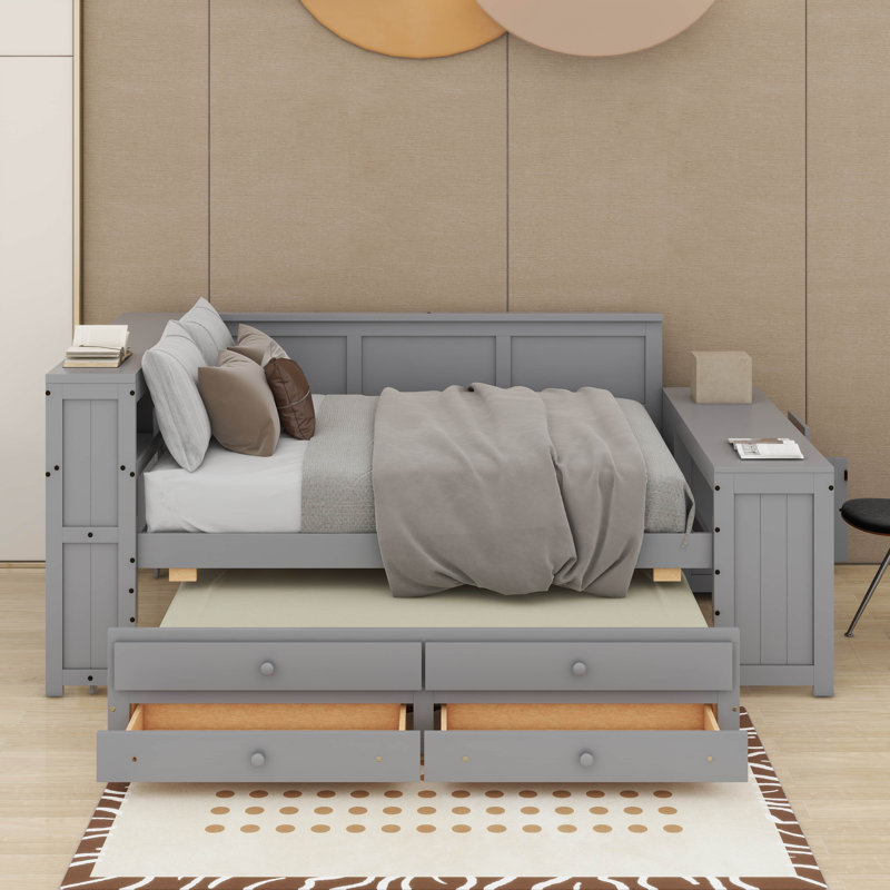 Full Size Daybed With Storage Shelves,Drawers,Trundle,Charging Station,LED Light,Desk And Cabinet, Gray