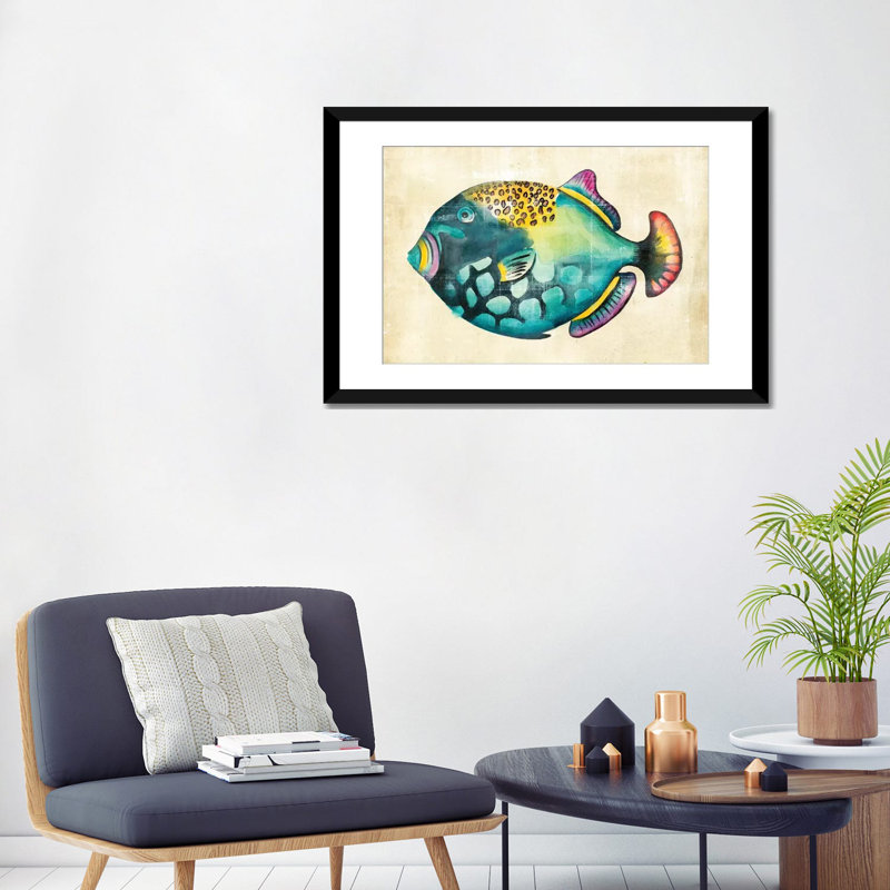 «Aquarium Fish IV», reproduction d'art sur toile, H 24 po x l 32 po x P 1 po, Papier avec cadre noir, Blanc
