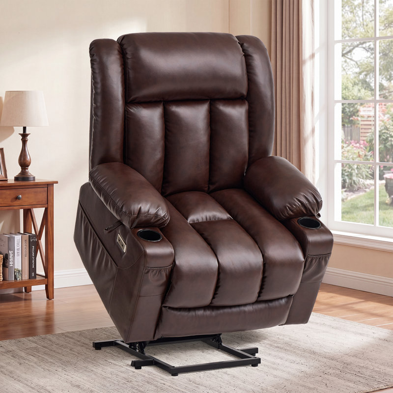 Dual Motor Power Lift Chair Recliner for Elderly with Massage and Heat, Infinite Position Electric Lift Recliner with USB A&C, Cup Holders (T6010 - Faux Leather, Dark Brown, Oversized )