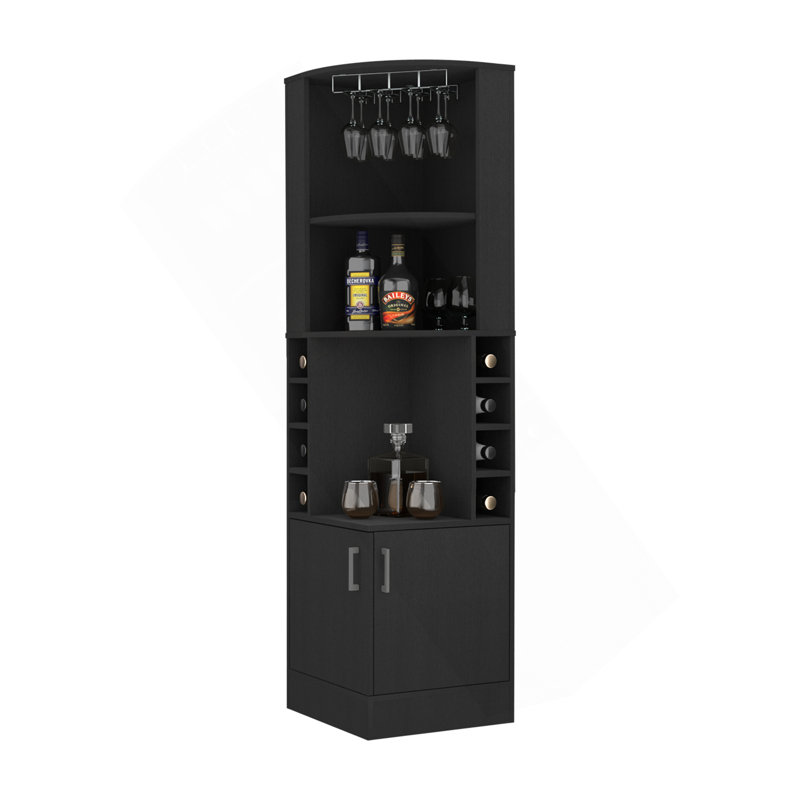 Armoire de bar d'angle, armoire à double porte, support en verre, huit supports à vin intégrés, noir