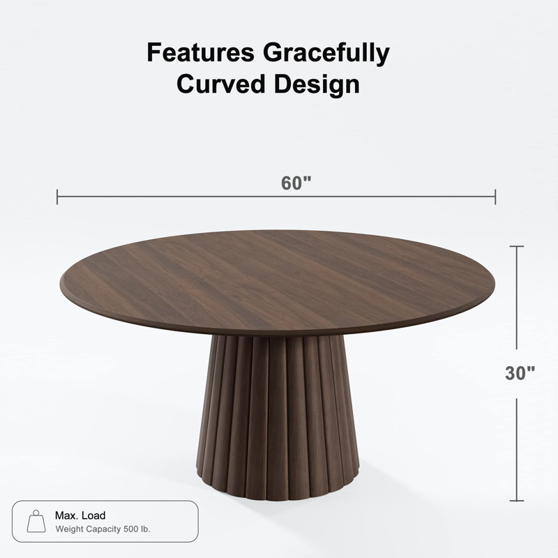 Solid Wood Dining Table Round Pedestal Kitchen Table, Walnut, 30”H x 60”L x 60”W