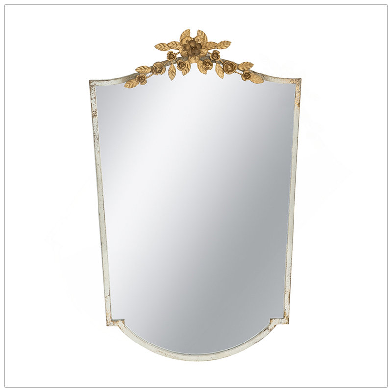 Vintage-Inspired Arched Wall Mirror With Distressed Ivory Frame And Gold Floral Crown, Perfect For Elegant Home Decor