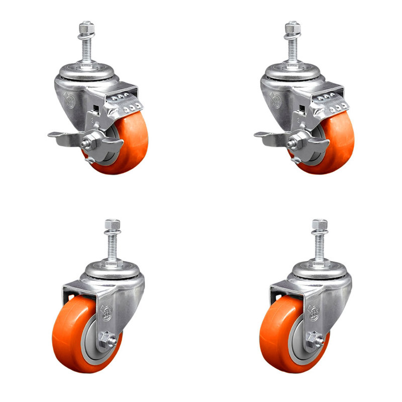 Ensemble de 3 roulettes à tige filetée en polyuréthane pivotant de 10 mm et 3 freins, Orange