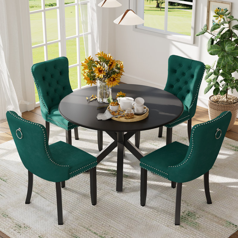 Ensemble de table et chaises de cuisine rondes pour 4, Noir, noir, noir, noir, Vert / noir
