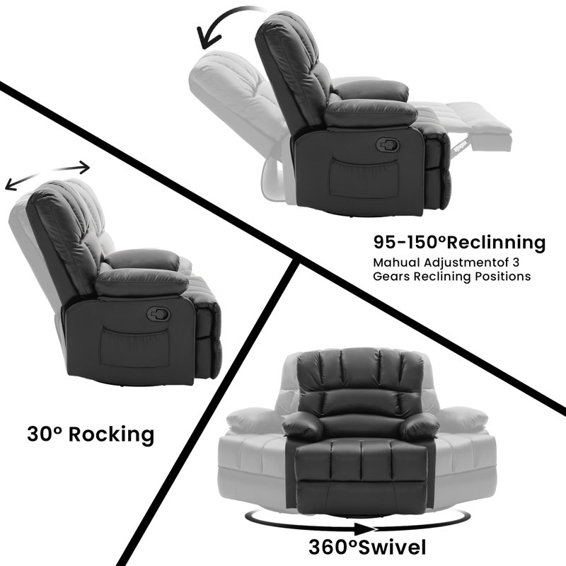 Breasha 39.7" Wide Transitional Leather Swivel Rocker Manual Recliner, Black Faux Leather