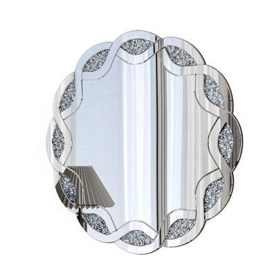Silver Crush Diamond Round Wall Mirror, 31.5 Inch Wave Frame for Elegant Home Decor and Durable Use