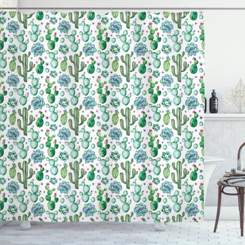 Ensemble de rideau de douche Cactus + crochets, H 75 po x l 69 po