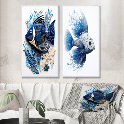 Monochrome Blue And White Fish Crawl - Coastal Coral Under Water Wall Art Prints Set Of 2