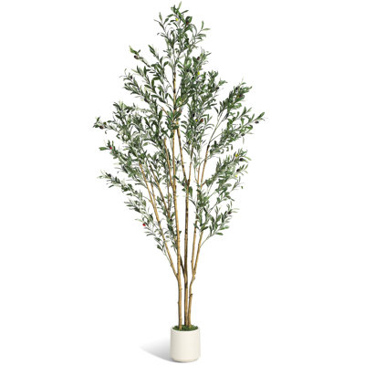Olive artificielle avec feuilles en fausse soie et fruits réalistes, tronc en bois naturel, pot en céramique avec mousse verte