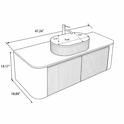 Meuble-lavabo mural de 122 cm (48 po) avec comptoir en pierre frittée, lavabo ovale simple en céramique noire et porte-serviettes.